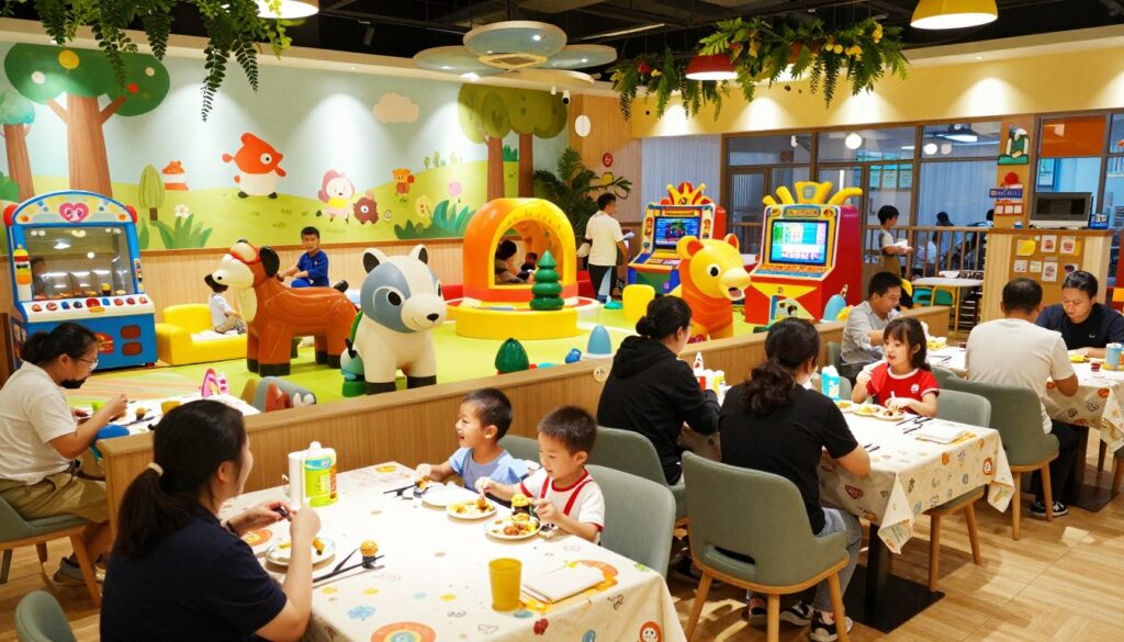 A vibrant, family-friendly restaurant scene filled with colorful toys and playful decorations, designed to appeal to children and adults alike. In the foreground, tables adorned with cheerful tablecloths are occupied by families enjoying their meals, with children laughing and playing with animated toy figures. In the middle, an impressive play area filled with oversized stuffed animals and interactive games invites kids to explore and engage. The background showcases whimsical murals of cartoon characters and lush greenery, creating a warm, inviting atmosphere. The lighting is bright and inviting, casting a cheerful glow over the space. The scene is shot from a slightly elevated angle to capture the bustling ambiance, evoking feelings of joy and togetherness in a safe, welcoming environment.