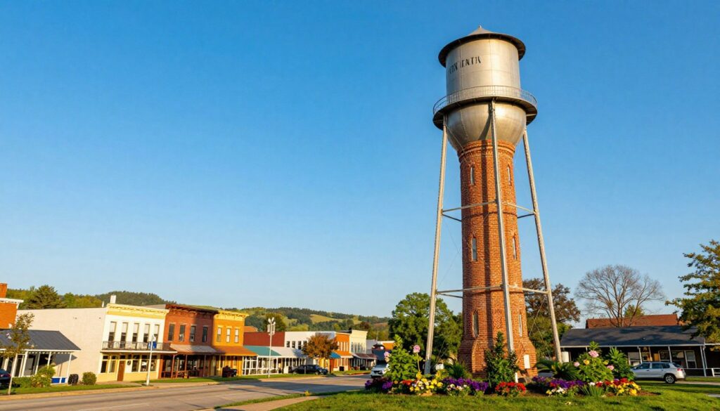 A vibrant, picturesque scene featuring the iconic water tower in Ypsilanti, Michigan, standing tall against a clear blue sky. In the foreground, the tower showcases its intricate brick patterns and unique architectural features, adorned with colorful greenery around its base. In the middle ground, a quaint Midwestern town can be seen, with charming historic buildings and blooming flowers lining the streets. The background features softly rolling hills and a few distant trees, bathed in the warm glow of late afternoon sunlight. The scene is captured from a low angle viewpoint, emphasizing the tower's grandeur while creating a sense of depth. The overall mood is cheerful and inviting, showcasing the beauty and charm of this remarkable structure in the heart of the Midwest.