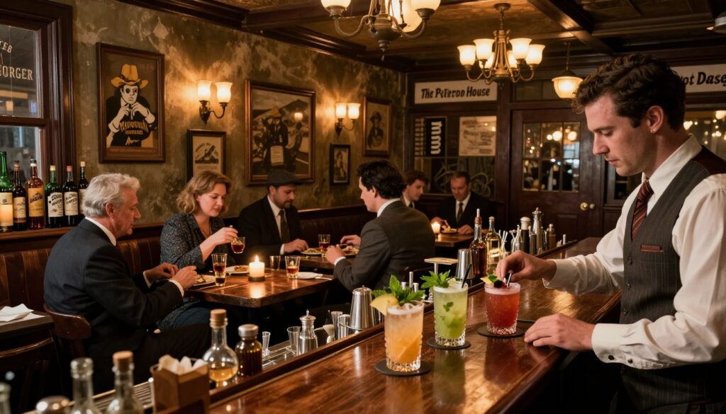 A vintage-inspired bootlegger restaurant scene set in "The Patterson House" in Nashville, Tennessee. In the foreground, a polished wooden bar serves colorful craft cocktails with fresh garnishes, while a bartender in a smart vest prepares drinks. In the middle, diners in professional business attire enjoy their meals at rustic tables adorned with flickering candlelight and glasses filled with bourbon. Antique decor, including vintage bottles and prohibition-era memorabilia, create an authentic atmosphere. In the background, soft, warm lighting emanates from vintage chandeliers, casting a cozy glow over the space. The mood is lively yet intimate, capturing the essence of a hidden speakeasy. The lens is slightly wide to encompass key details, emphasizing the charm and rich history of the restaurant.