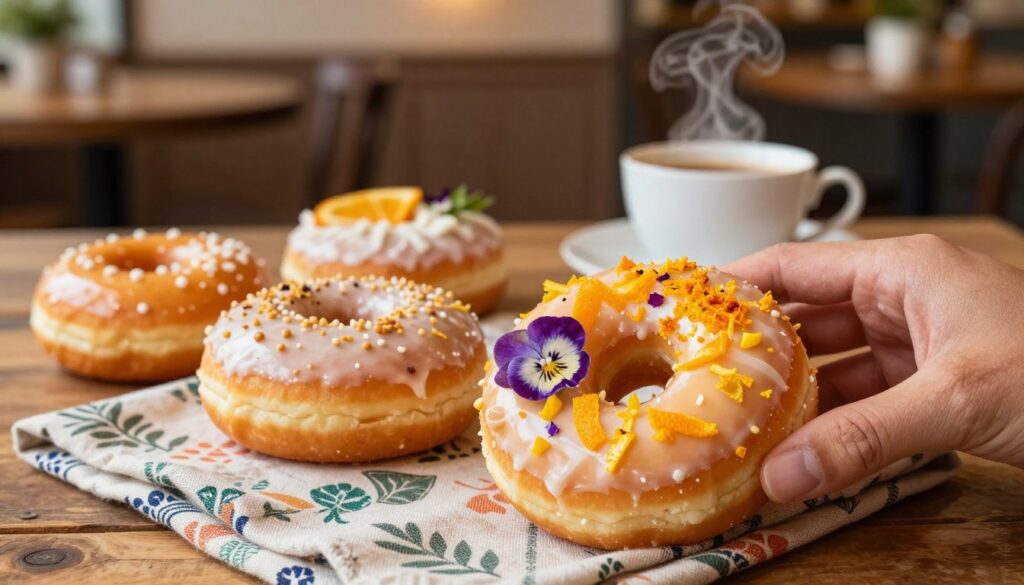 A visually stunning close-up of Pip's Original Doughnuts & Chai artisanal donuts, showcasing a variety of beautifully crafted yuzu sourdough donuts with a glossy glaze, topped with vibrant citrus zest and edible flowers. In the foreground, a hand reaches for a donut, emphasizing the inviting and artisanal quality of the treats. The middle ground features a rustic wooden table adorned with a charming, patterned cloth, along with a delicate cup of steaming chai tea, inviting warmth. The background includes soft-focus elements of a cozy, welcoming cafe with warm lighting, highlighting its inviting ambiance. The overall mood is cheerful and inviting, capturing the essence of sweet indulgence and artisanal excellence. A visually stunning close-up of Pip's Original Doughnuts & Chai artisanal donuts, showcasing a variety of beautifully crafted yuzu sourdough donuts with a glossy glaze, topped with vibrant citrus zest and edible flowers. In the foreground, a hand reaches for a donut, emphasizing the inviting and artisanal quality of the treats. The middle ground features a rustic wooden table adorned with a charming, patterned cloth, along with a delicate cup of steaming chai tea, inviting warmth. The background includes soft-focus elements of a cozy, welcoming cafe with warm lighting, highlighting its inviting ambiance. The overall mood is cheerful and inviting, capturing the essence of sweet indulgence and artisanal excellence.
