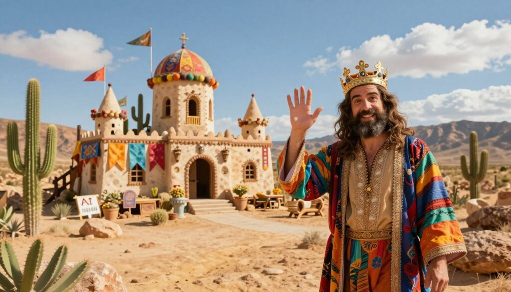 A whimsical and vibrant depiction of the Kingdom of Calsahara, a micro-nation located in California's desert. In the foreground, a cheerful monarch wearing a crown and traditional robes made of colorful desert fabrics, waves at the viewer. The middle ground features a small, makeshift royal palace adorned with homemade banners and quirky decorations, surrounded by cacti and rocky landscapes. In the background, there are rolling hills under a bright blue sky with fluffy white clouds, suggesting a sense of freedom and creativity. Golden sunlight casts warm tones across the scene, emphasizing a lighthearted and playful atmosphere. The overall mood is one of humor and charm, capturing the essence of a fun desert monarchy in an unusual setting.