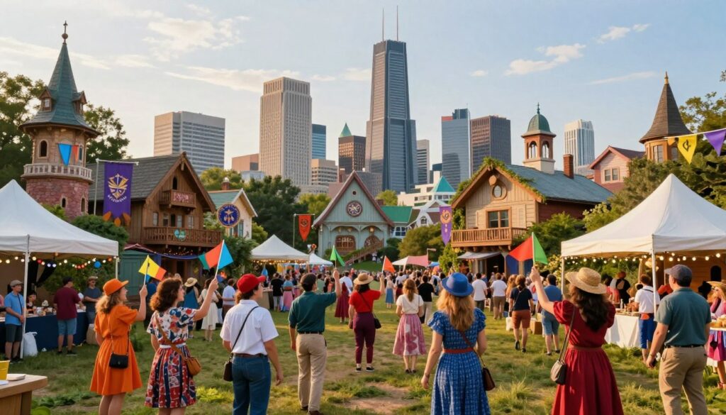 A whimsical and vibrant depiction of the Kingdom of Talossa, showcasing its unique identity as a micro-nation within Milwaukee. In the foreground, a diverse group of citizens dressed in colorful, modest clothing joyfully engage in community activities, such as waving miniature flags and enjoying a local festival. In the middle ground, charming, whimsical architecture reflects an eclectic mix of traditional and fantasy styles, adorned with banners and emblems that represent Talossa’s rich history. The background features an artistic skyline of Milwaukee, under a bright, cheerful sky during golden hour, casting warm, inviting light on the scene. The overall atmosphere is playful and celebratory, encapsulating the spirit of an independent micro-nation filled with laughter and a sense of community.