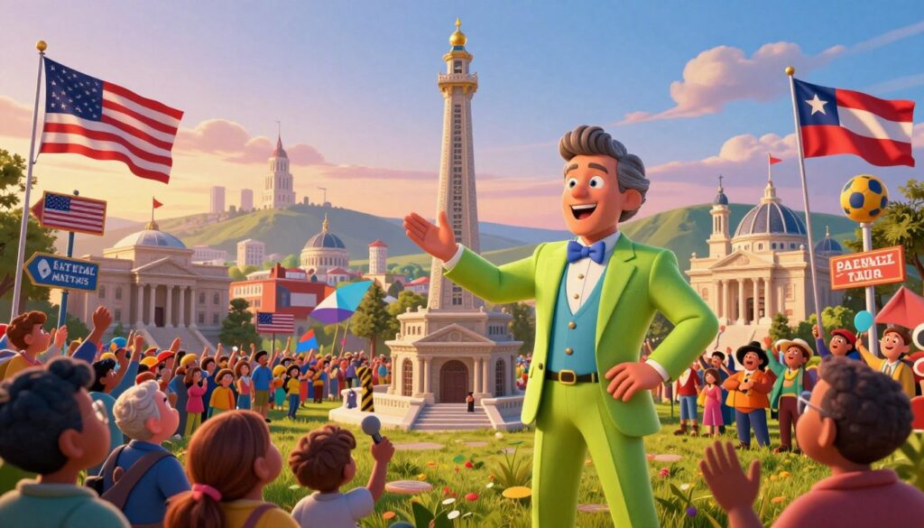 A whimsical and vibrant illustration of American microstates, showcasing an imaginative blend of their unique characteristics and eccentric leaders. In the foreground, a charismatic leader stands confidently, wearing a smart, bright outfit, engaging with an enthusiastic crowd. The middle ground features iconic landmarks representing various micro-nations, such as quirky flags, unusual buildings, and humorous signs that symbolize their distinct histories. In the background, a scenic landscape unfolds, depicting rolling hills and an expansive sky transitioning from dawn to dusk, casting warm, inviting light over the scene. The atmosphere is lively and playful, capturing a sense of camaraderie and celebration, as if the micro-nations are having a festival together, with vibrant colors and dynamic expressions throughout.