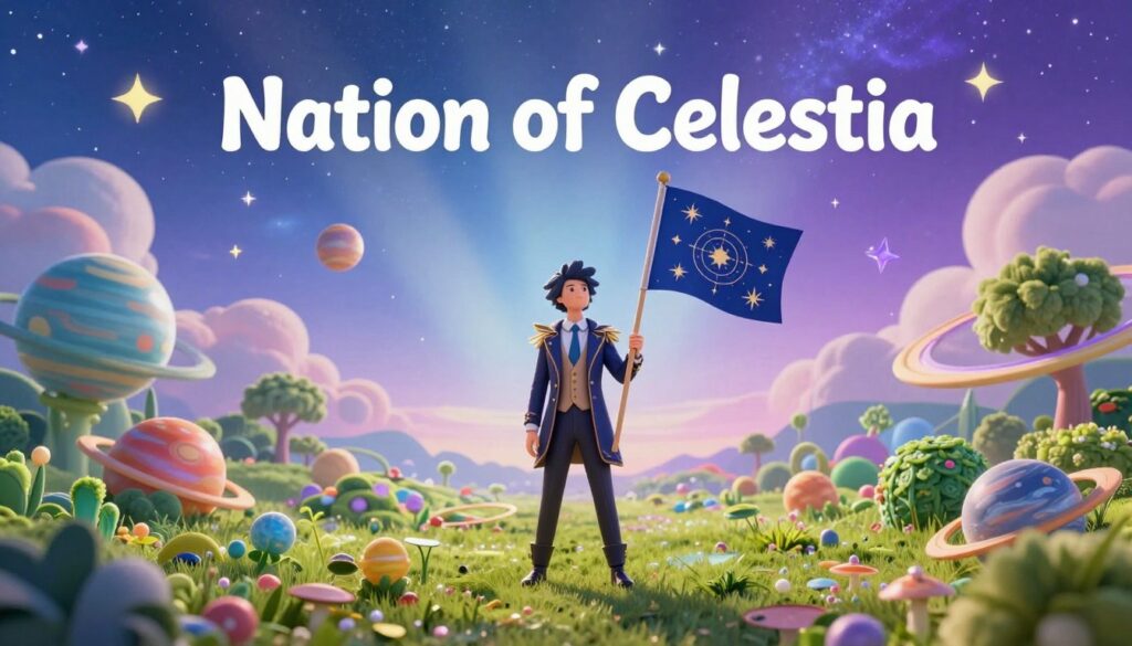 A whimsical depiction of the "Nation of Celestia," showcasing a vibrant, imaginative world claiming the entire universe. In the foreground, a person dressed in a professional, yet eccentric outfit stands proudly holding a flag emblazoned with celestial symbols. The middle ground features a fantastical landscape with colorful celestial bodies—planets, stars, and swirling galaxies—interspersed with lush greenery symbolizing growth and independence. The background reveals a dreamy sky blending shades of blue and purple, dotted with twinkling stars and cartoonish clouds. Soft, ethereal lighting creates a magical atmosphere, casting gentle rays across the scene. The angle is slightly elevated to capture both the figure and the vastness of the universe they claim, celebrating the humor and aspirations of micro-nationalism with a sense of wonder and imagination.
