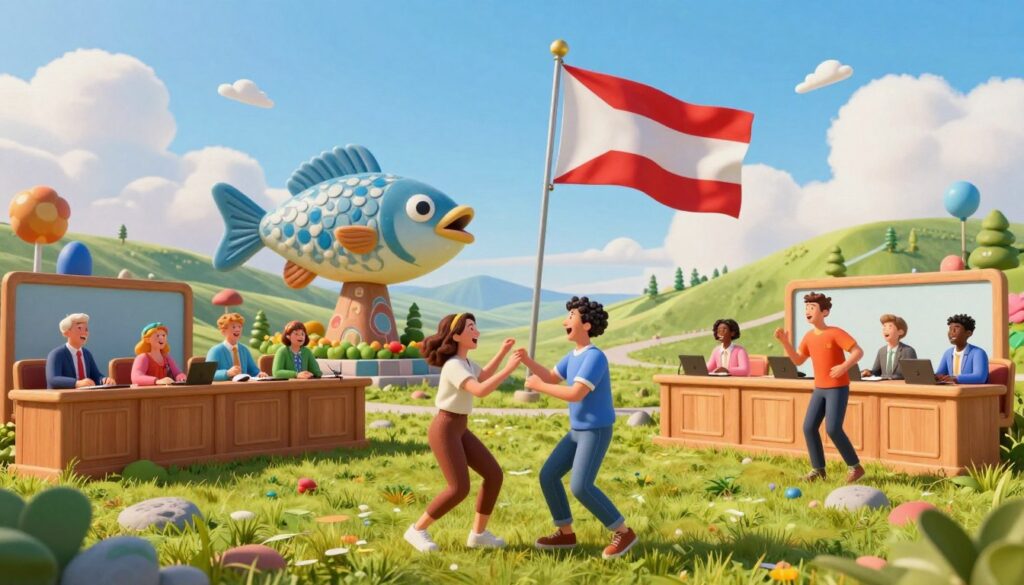 A whimsical representation of the "Sovereign State of Absurdistan," featuring a colorful, satirical landscape reminiscent of a playful corner of Minnesota. In the foreground, a diverse group of people dressed in quirky, casual clothing, laughing and engaging in humorous activities like a spontaneous dance-off or a mock parliamentary session, showcasing their pride in their micronation. The middle ground includes absurd structures, like a giant wacky monument shaped like a fish and an exaggerated flag waving proudly. The background features a sunny sky with cartoonish, fluffy clouds and scenic rolling hills, creating a cheerful, lighthearted atmosphere. The image should have bright, vibrant colors and soft lighting, evoking a sense of joy and creativity, captured from a slightly low angle to emphasize the playful nature of this unique micronation.