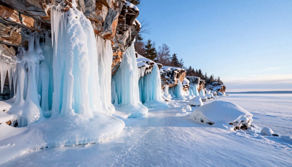 A winter wonderland scene of the Apostle Islands Ice Caves in Wisconsin, showcasing stunning ice formations and frozen coastal cliffs along Lake Superior. In the foreground, intricately sculpted ice stalactites hang from a rocky overhang, reflecting shimmering blue and white hues. The middle ground features a winding pathway leading through the ice caves, flanked by large glacial formations that create a dramatic landscape. In the background, the serene expanse of snow-covered lake and distant snowy trees under a clear blue sky convey a sense of tranquility. The lighting is soft and bright, with sunlight filtering through the ice, casting delicate shadows and enhancing the vibrant colors. The overall mood is peaceful and enchanting, inviting viewers to explore this spectacular winter scene.